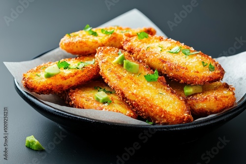 Crispy fried potato patties topped with fresh herbs.