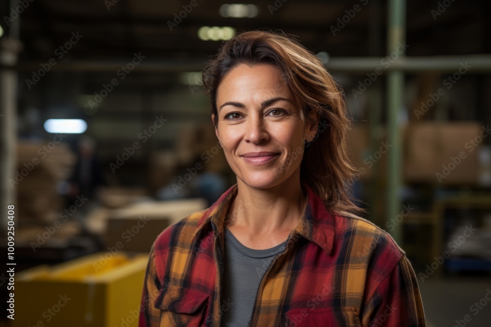 Portrait of a grinning woman in her 40s dressed in a relaxed flannel shirt over bustling factory floor Portrait of a grinning woman in her 40s dressed in a relaxed flannel shirt over bustling factory floor