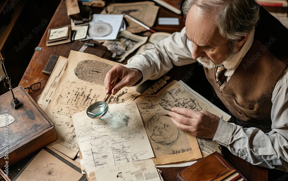 Naklejka premium A scholar examines old documents with a magnifying glass among various papers and tools in a study.