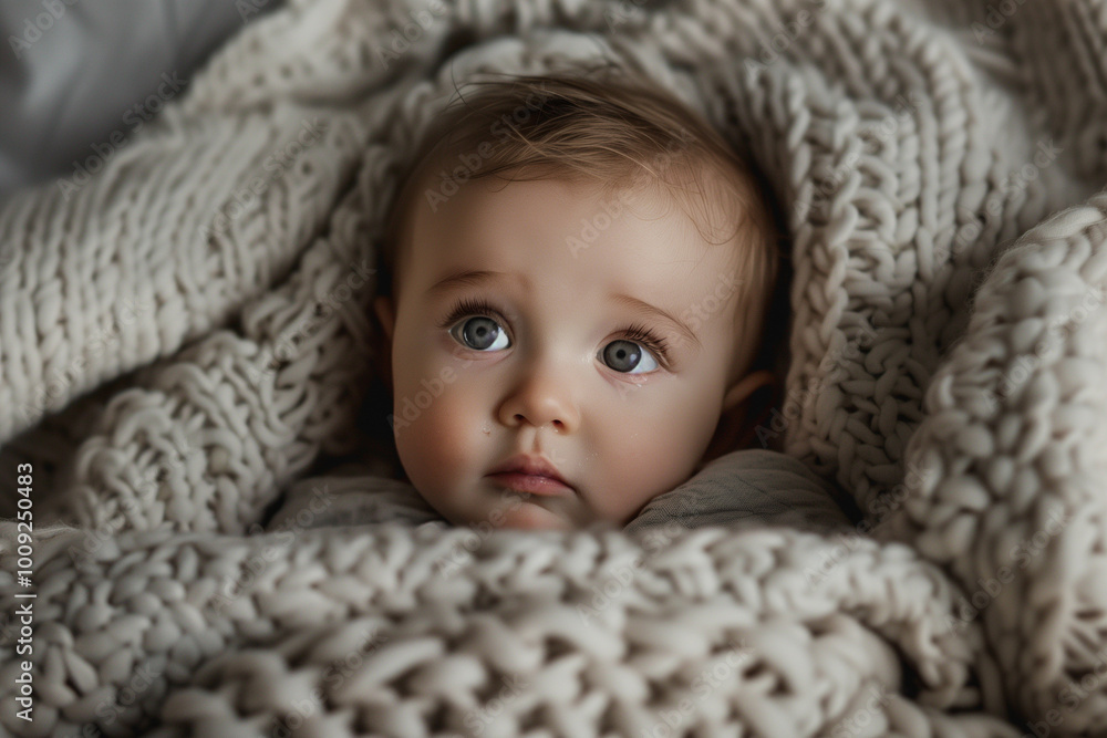 Beautiful Baby Looking Out From Under Soft Blanket Cozy Infant Portrait Newborn Photography. Beautiful Baby Looking Out From Under Soft Blanket Cozy Infant Portrait Newborn Photography.