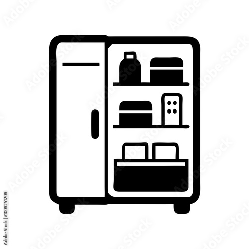 Icon of an open refrigerator with various food items and containers inside