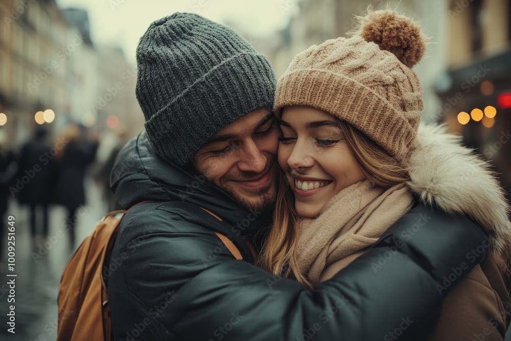 Affectionate embrace on a city stroll, couple enjoying togetherness, Generative AI Affectionate embrace on a city stroll, couple enjoying togetherness, Generative AI