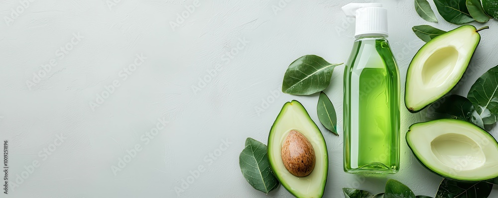 Avocado oil bottle with halved avocado and leaves on a white background. Avocado oil bottle with halved avocado and leaves on a white background.