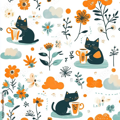 Cute black cats with coffee cups and floral patterns on a white background