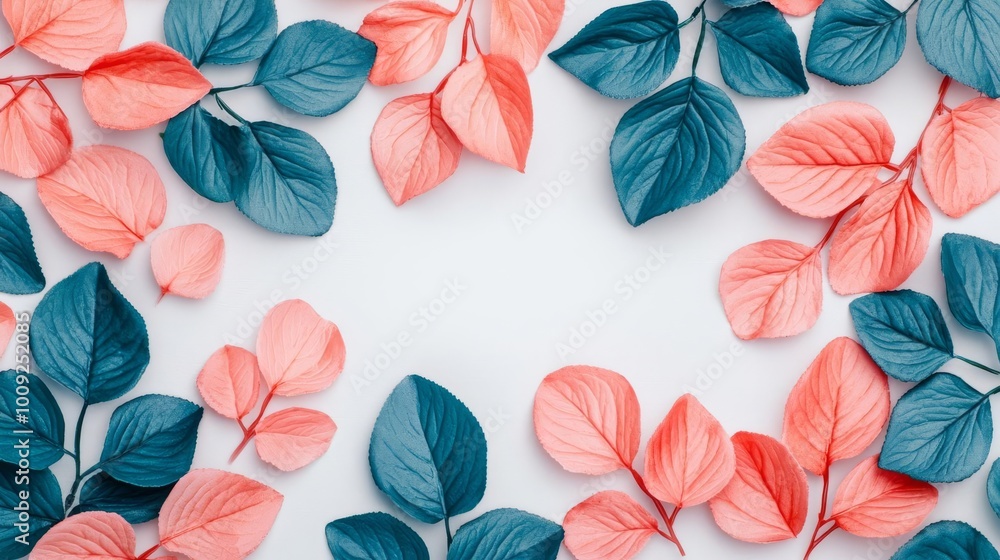 Colorful foliage frame featuring vibrant pink and blue leaves on a soft background. Perfect for nature-themed designs. Colorful foliage frame featuring vibrant pink and blue leaves on a soft background. Perfect for nature-themed designs.