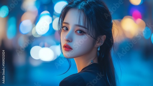 A cinematic night scene of a young asian woman gazing thoughtfully into the distance, illuminated by neon city lights, creating a dramatic and moody atmosphere perfect for fashion or urban photography