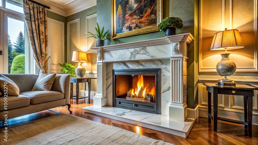 Elegant marble fireplace in a cozy living room setting, enhancing warmth and sophistication Elegant marble fireplace in a cozy living room setting, enhancing warmth and sophistication