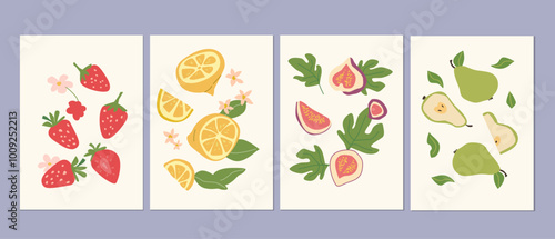 Abstract modern posters with fruits, flat design collection. Set of Vertical cards with tropical fruits whole, slices, pieces. Strawberries, lemons, figs, pears posters set.