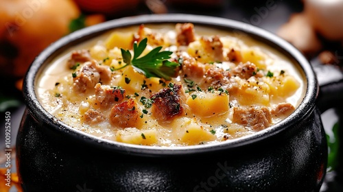  Close-up of a bowl filled with meat and cheese on a table with various foods