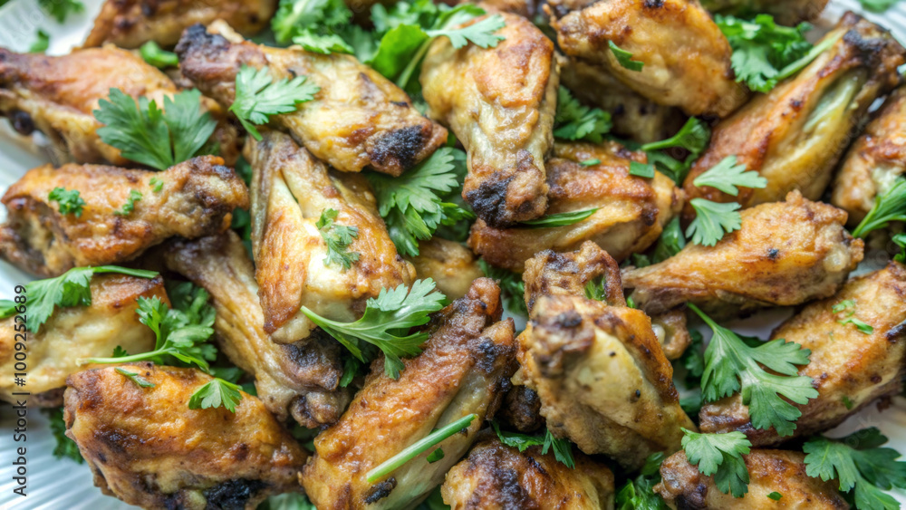 A platter of golden-brown chicken wings is garnished with fresh cilantro leaves, adding a touch of green to the dish. The wings are arranged closely, showcasing a deliciously crispy appearance.AI gen A platter of golden-brown chicken wings is garnished with fresh cilantro leaves, adding a touch of green to the dish. The wings are arranged closely, showcasing a deliciously crispy appearance.AI gen