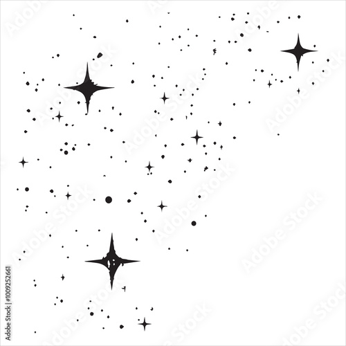 black flat beautiful stars fly apart on a white background, drawing
