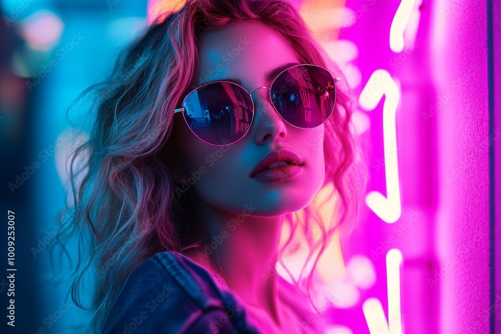 Stylish woman with sunglasses posing confidently in neon light studio, Generative AI Stylish woman with sunglasses posing confidently in neon light studio, Generative AI