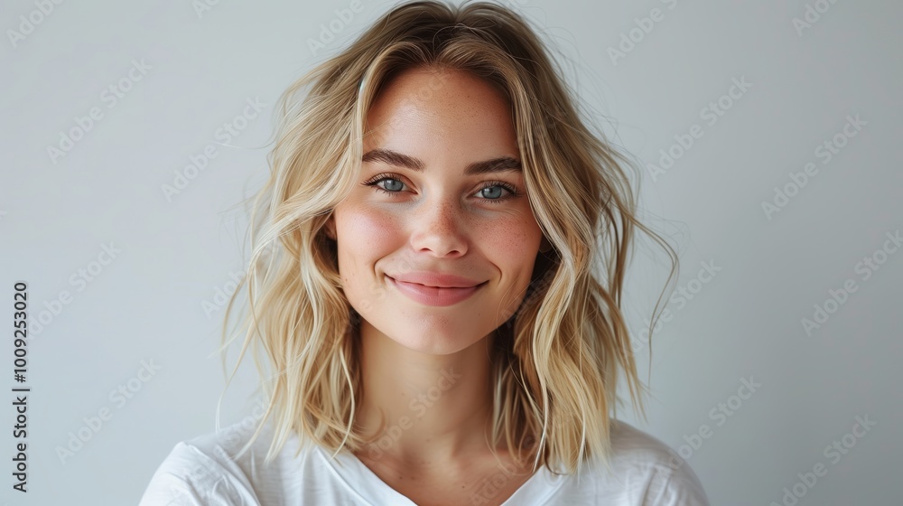 Naklejka premium A photo of an attractive blonde woman with shoulder-length hair, wearing a white t-shirt smiling at the camera.
