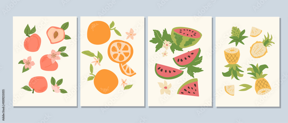 Abstract modern posters with fruits, flat design collection. Set of Vertical cards with tropical fruits whole, slices, pieces. Pineapple, watermelon, orange and peach posters set. Abstract modern posters with fruits, flat design collection. Set of Vertical cards with tropical fruits whole, slices, pieces. Pineapple, watermelon, orange and peach posters set.