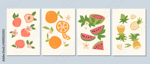 Abstract modern posters with fruits, flat design collection. Set of Vertical cards with tropical fruits whole, slices, pieces. Pineapple, watermelon, orange and peach posters set.