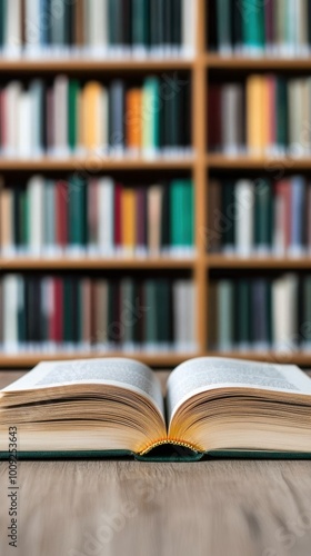 Open book on a table with blurred library background.