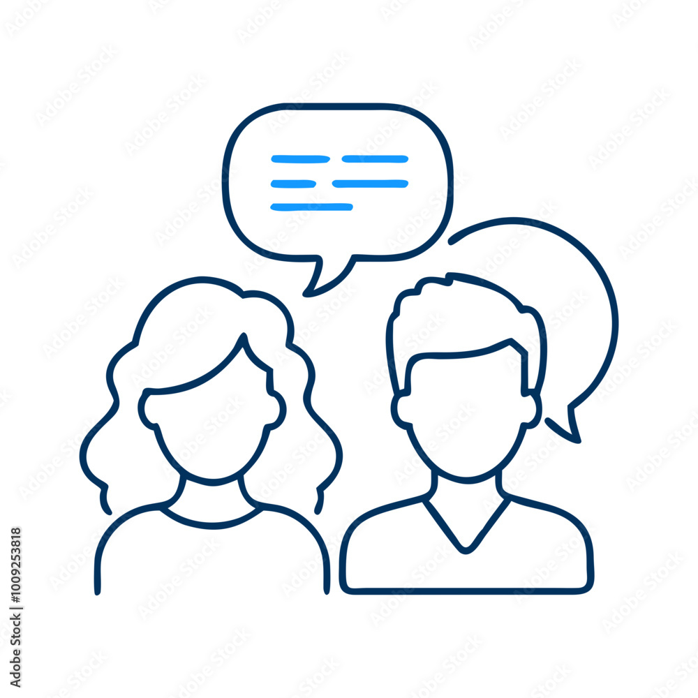 Line art of two people engaged in conversation with speech bubbles above them Line art of two people engaged in conversation with speech bubbles above them