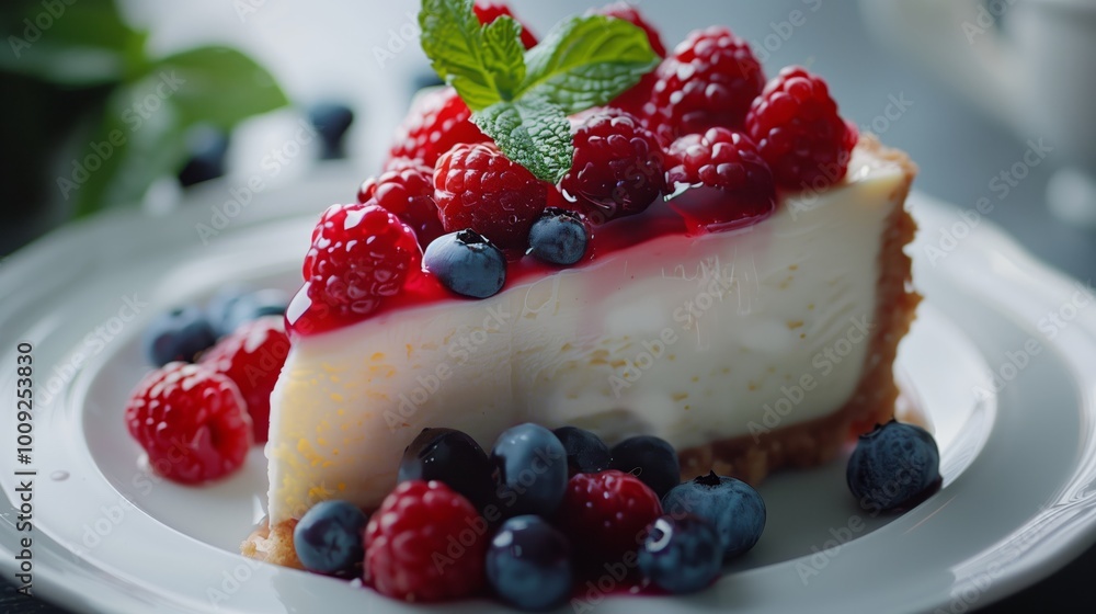 A slice of creamy cheese cake with vibrant red and blue berries, a rich, luscious dessert that embodies the essence of summer in its colorful presentation A slice of creamy cheese cake with vibrant red and blue berries, a rich, luscious dessert that embodies the essence of summer in its colorful presentation
