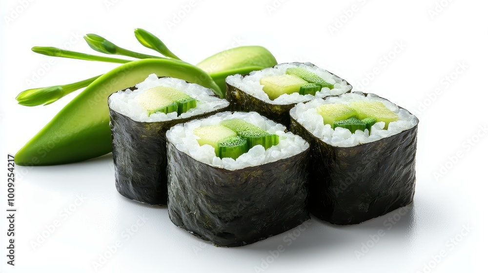 Close-up of four sushi rolls with avocado and cucumber. Close-up of four sushi rolls with avocado and cucumber.