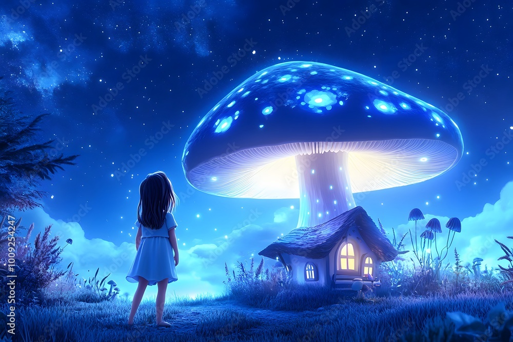 Fototapeta premium Mushroom house in the sky, glowing mushroom cap, nighttime, cartoon style, cute little girl standing next to it looking up at her home