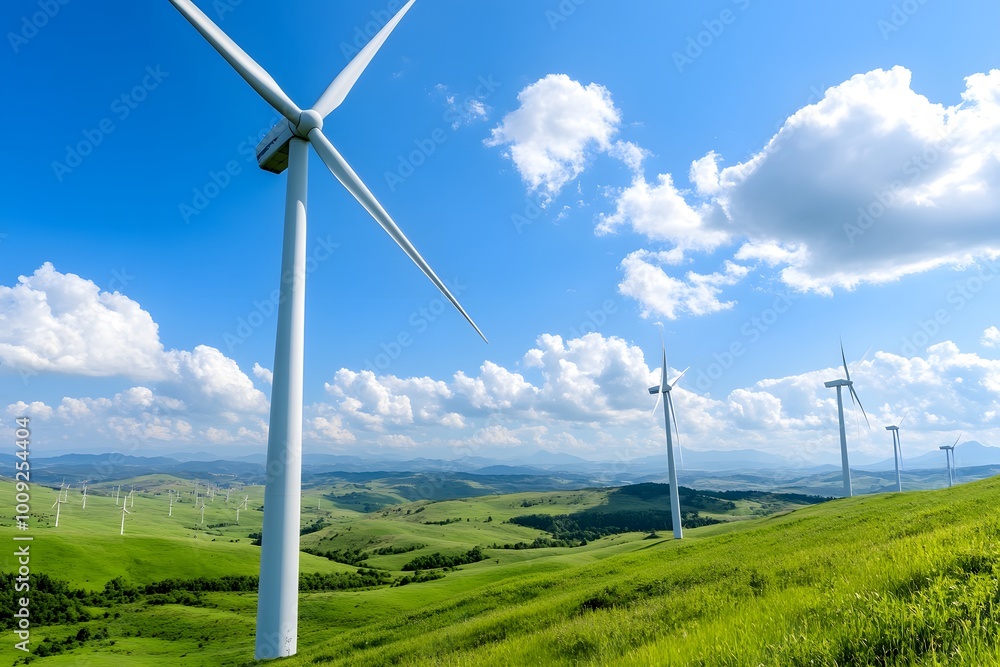 Realistic shot of a wind farm on green hills with clear blue skies and white clouds in the background Realistic shot of a wind farm on green hills with clear blue skies and white clouds in the background