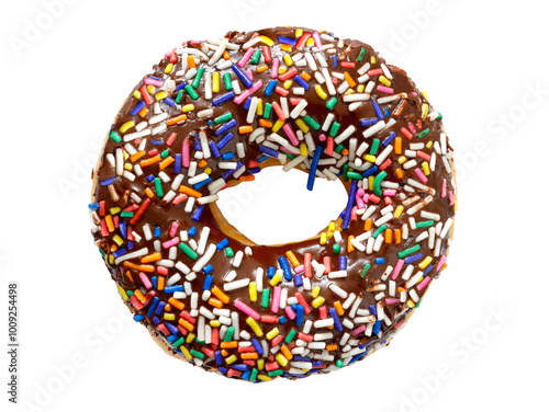 Chocolate frosted donut with colorful festive sprinkles