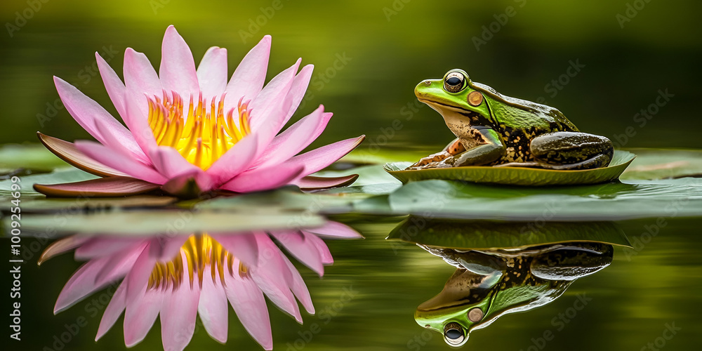 Frog and Water Lily Reflection in Calm Pond
Frog and Water Lily Reflection in Calm Pond