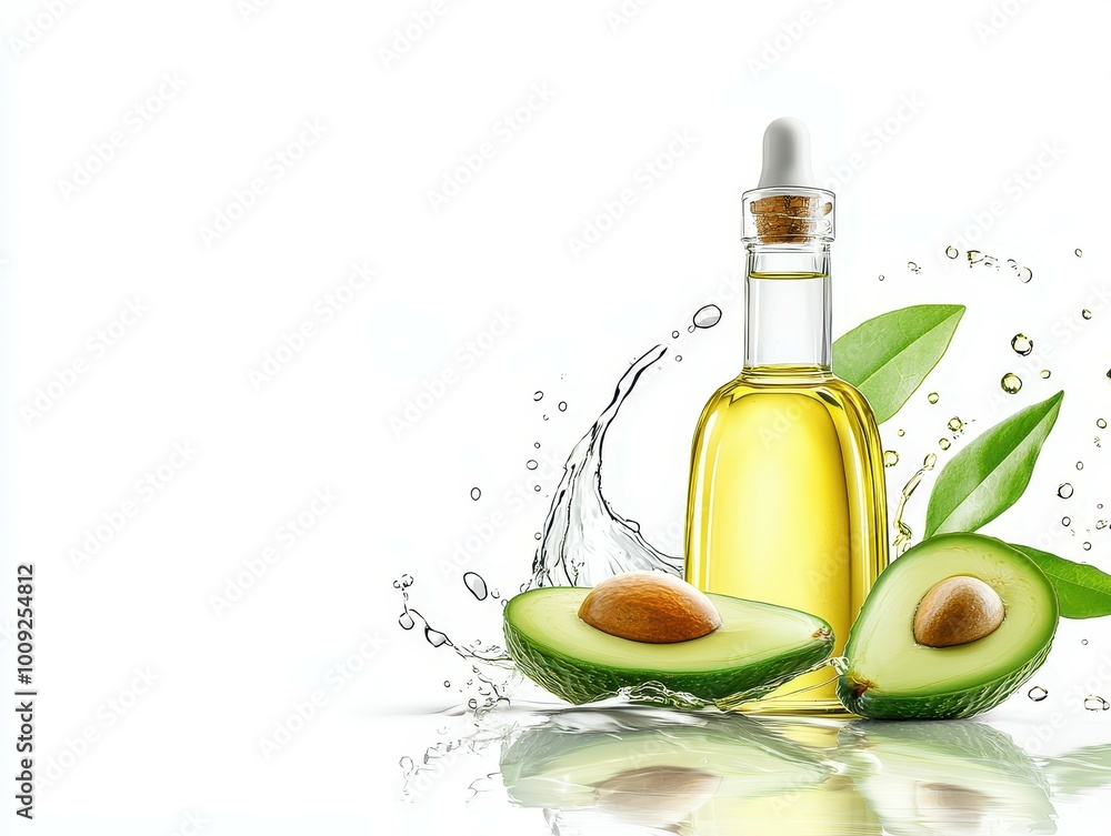 Avocado oil bottle with fresh fruit and water splash. Avocado oil bottle with fresh fruit and water splash.