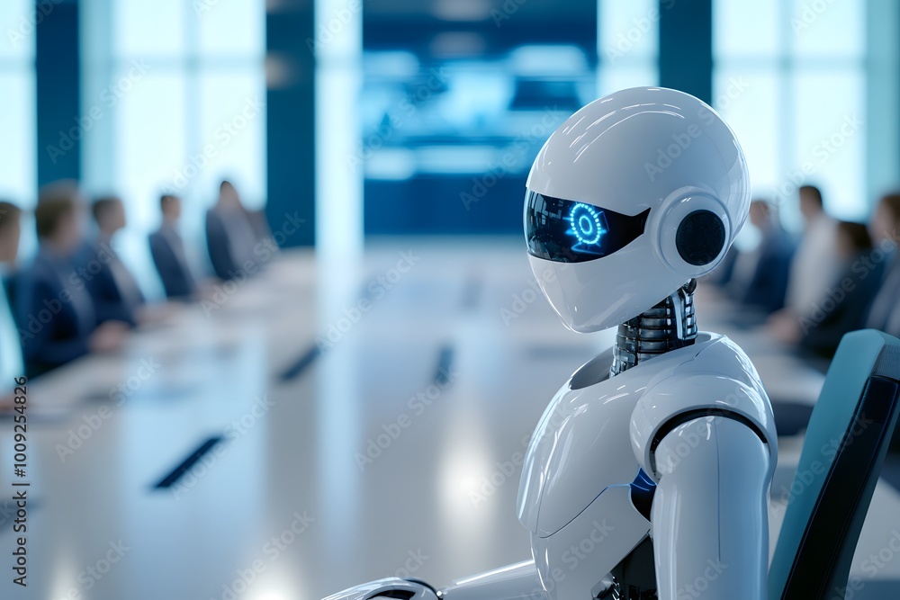 Robot sitting in the boardroom, observing humans around the table during a meeting with office workers