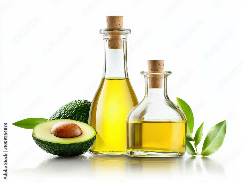 Two glass bottles of avocado oil with fresh avocado halves and leaves. Two glass bottles of avocado oil with fresh avocado halves and leaves.