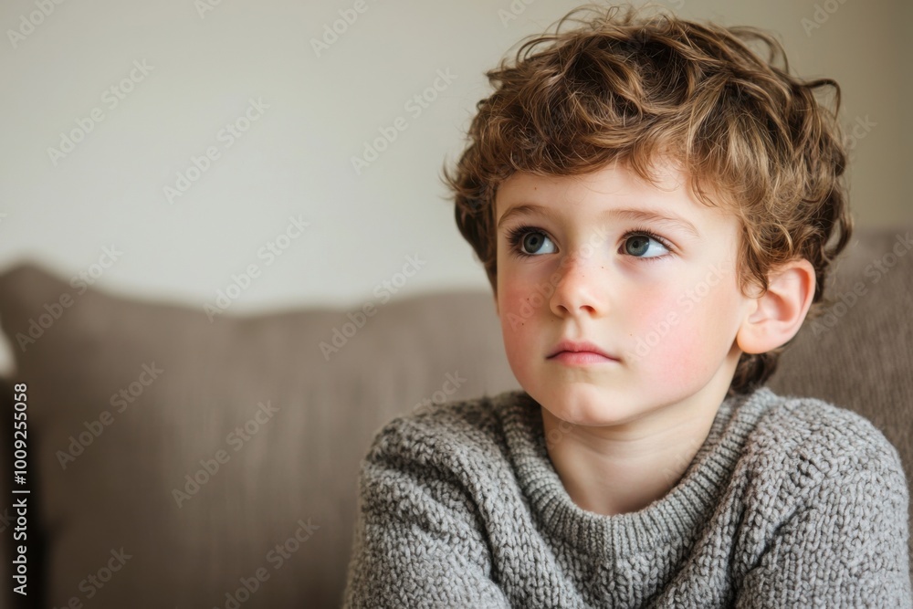 Thoughtful child sitting on a couch, casual indoor setting. Thoughtful child sitting on a couch, casual indoor setting.