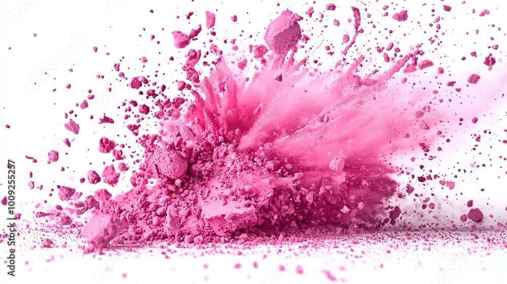 A pink powder explosion in air on white background with splashes on ground and image A pink powder explosion in air on white background with splashes on ground and image