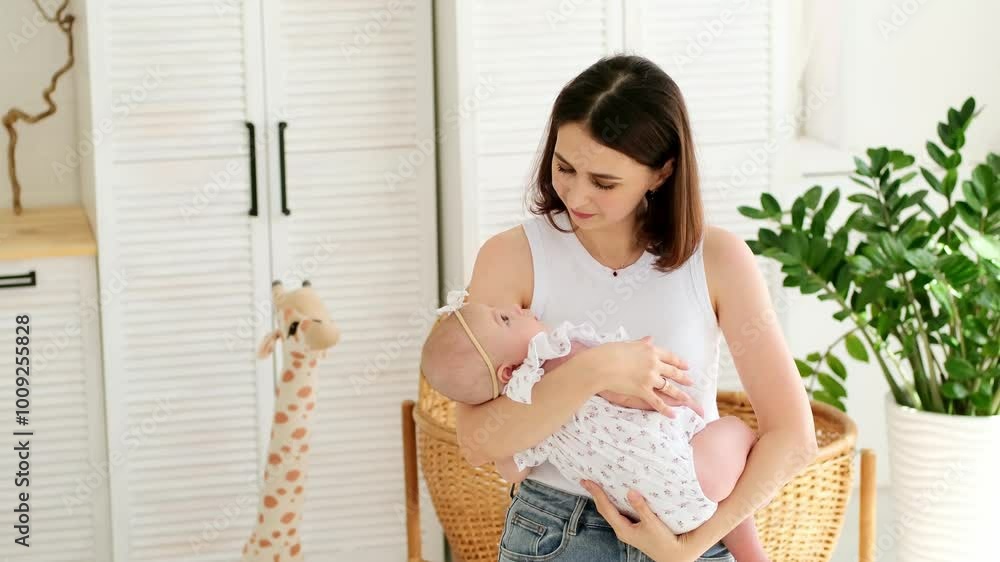 mom with a baby, an international family, a Caucasian mom with an Asian baby in her arms in the bedroom puts her to sleep, a place for text mom with a baby, an international family, a Caucasian mom with an Asian baby in her arms in the bedroom puts her to sleep, a place for text