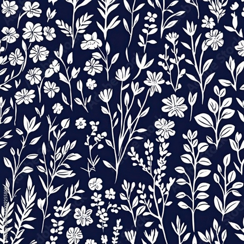 Seamless pattern of white flowers and leaves on a navy blue background