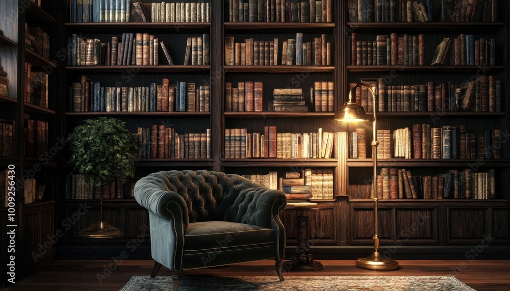 Cozy Library with Antique Bookshelves and Leather Chesterfield Armchair Cozy Library with Antique Bookshelves and Leather Chesterfield Armchair