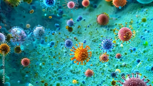 Microscopic View of Colorful Viruses in a Cellular Environment photo