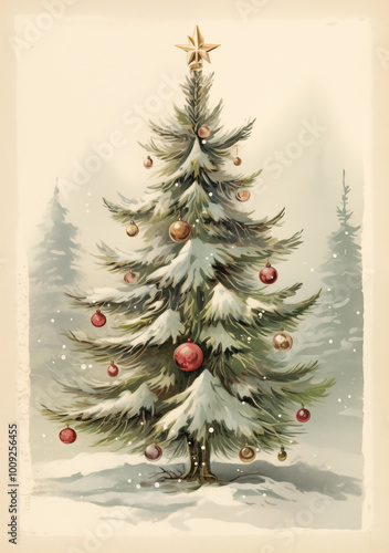 A vintage postcard illustration of a snowy Christmas tree in a retro winter landscape.