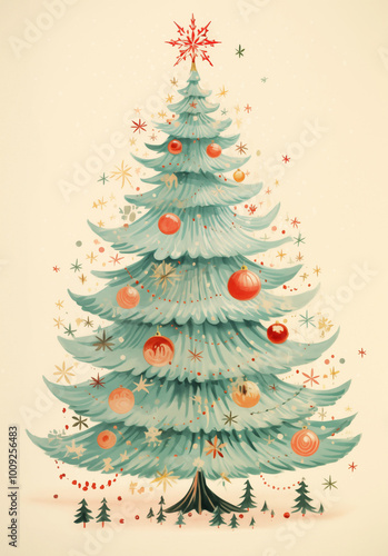 A vintage postcard illustration of a snowy Christmas tree in a retro winter landscape.