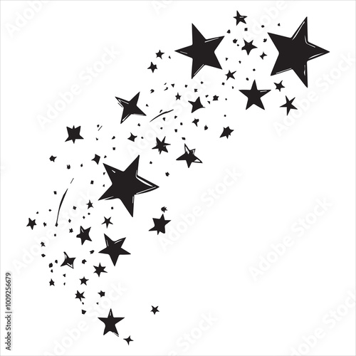 black flat beautiful stars fly apart on a white background, drawing