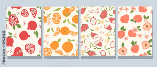 Abstract modern posters with fruits, flat design collection. Set of Vertical cards with tropical fruits whole, slices, pieces. Pomegranate, orange, dragon fruits, peach patterns set. Cover design