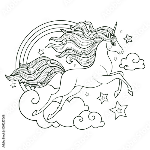 Beautiful unicorn running across the sky with rainbow and clouds. Black and white linear drawing. Isolated on white background. For children's design of coloring books, prints, posters, cards, sticker