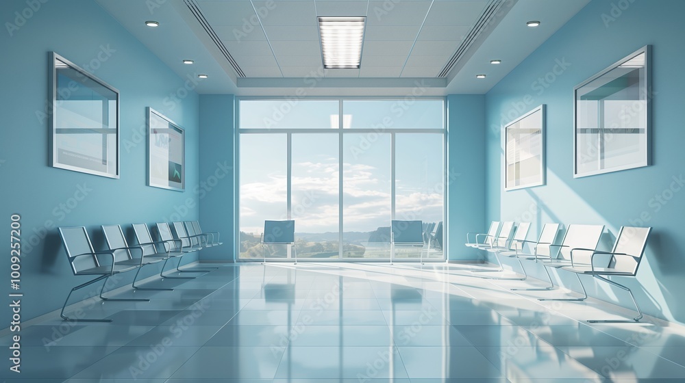 Fototapeta premium High resolution photorealistic rendering of a modern hospital waiting room, with light blue walls and a white floor and chairs for patients to sit on