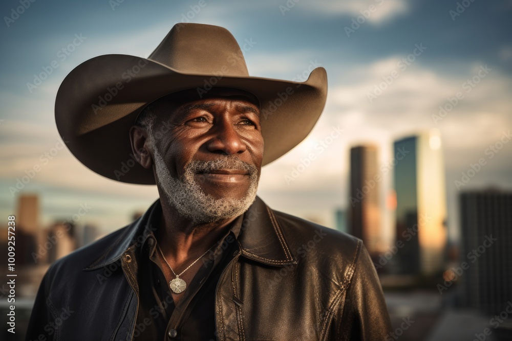 Portrait of a satisfied afro-american man in his 60s wearing a rugged cowboy hat on stunning skyscraper skyline Portrait of a satisfied afro-american man in his 60s wearing a rugged cowboy hat on stunning skyscraper skyline