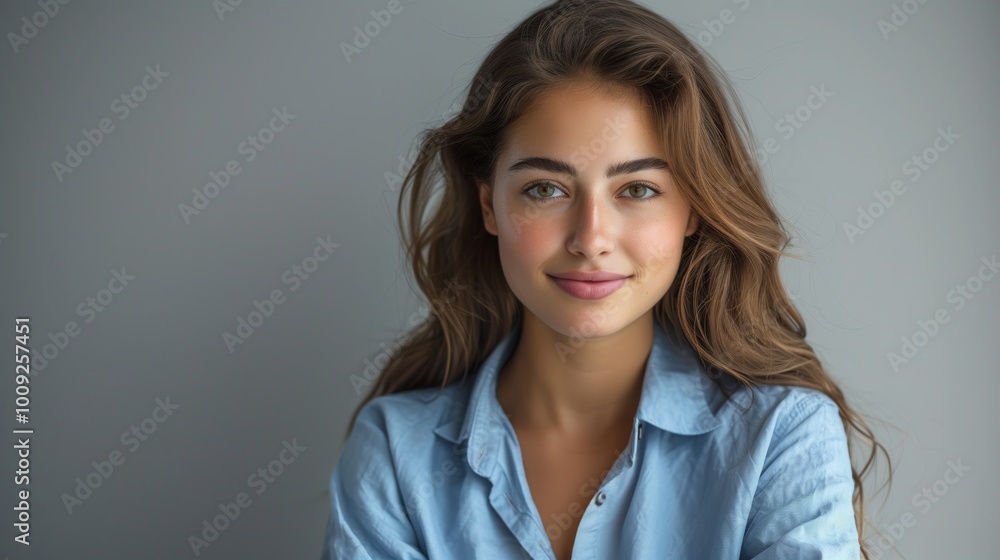 Portrait of a beautiful business woman in a blue shirt and dark trousers standing with arms crossed looking at the camera over a grey background Portrait of a beautiful business woman in a blue shirt and dark trousers standing with arms crossed looking at the camera over a grey background