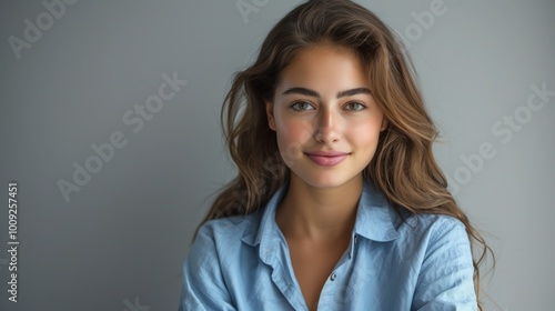 Portrait of a beautiful business woman in a blue shirt and dark trousers standing with arms crossed looking at the camera over a grey background