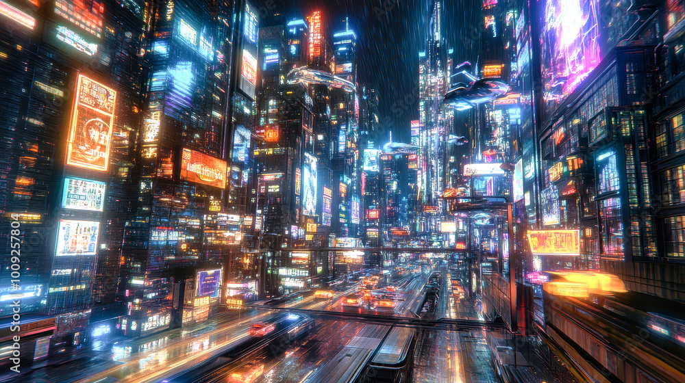 Explore a vibrant cyberpunk cityscape filled with neon skyscrapers, holographic ads, and flying cars during a lively night Explore a vibrant cyberpunk cityscape filled with neon skyscrapers, holographic ads, and flying cars during a lively night