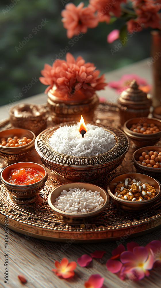 Fototapeta premium Bhai Dooj thali featuring traditional sweets, rice, and vibrant flowers