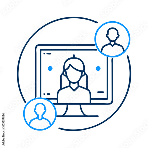 icon  of a computer screen with a user interface and two people icons representing communication