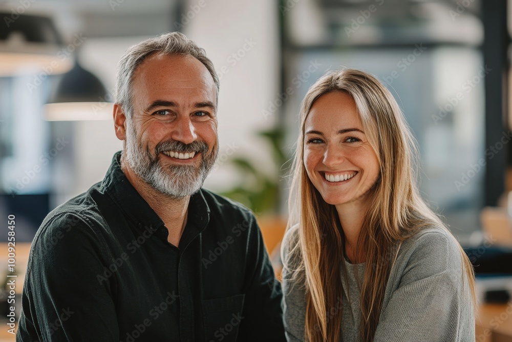 Smiling colleagues working together in a bright co-working space, Generative AI Smiling colleagues working together in a bright co-working space, Generative AI