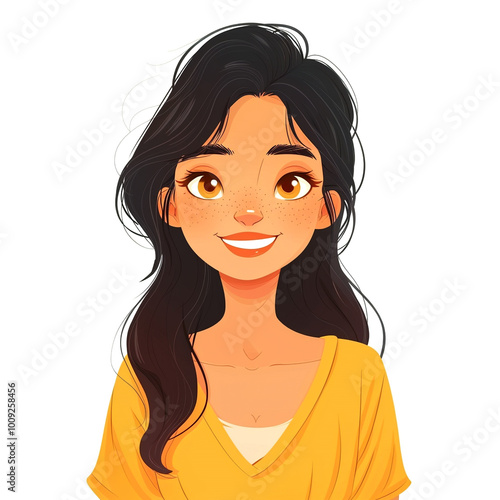 A young woman with warm brown eyes and a joyful expression shares her happiness